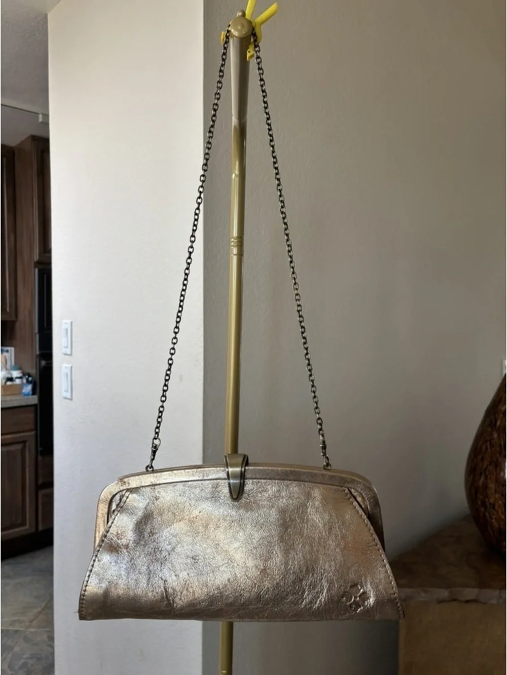 Patricia Nash Asher Metallic Gold Leather Frame Clutch Crossbody